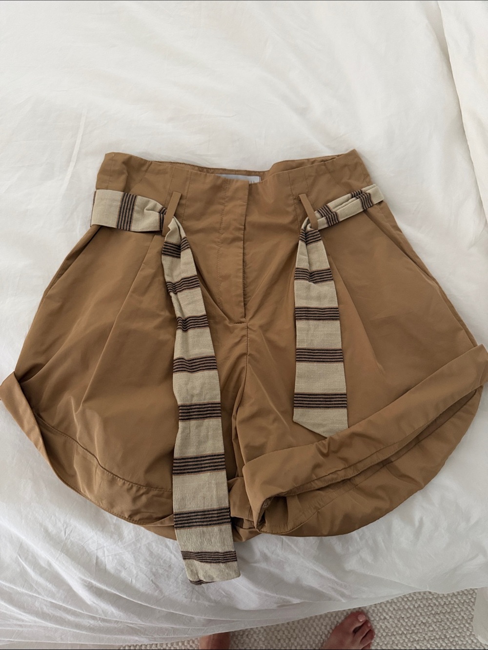 Sandra Weil Brown High-Waist Shorts with Striped Tie Details